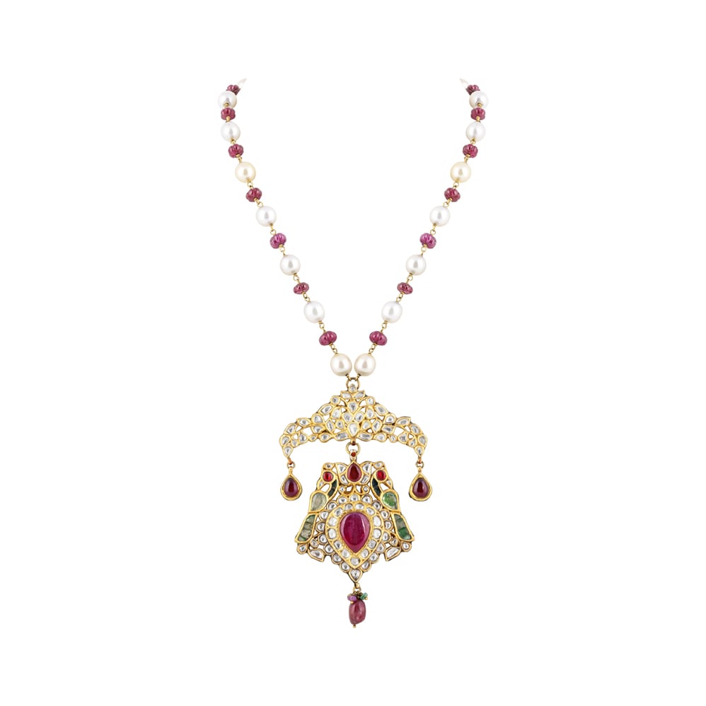 Peacock Polki Pendant Necklace with Rubies, Green Talaf & Southsea Pearls